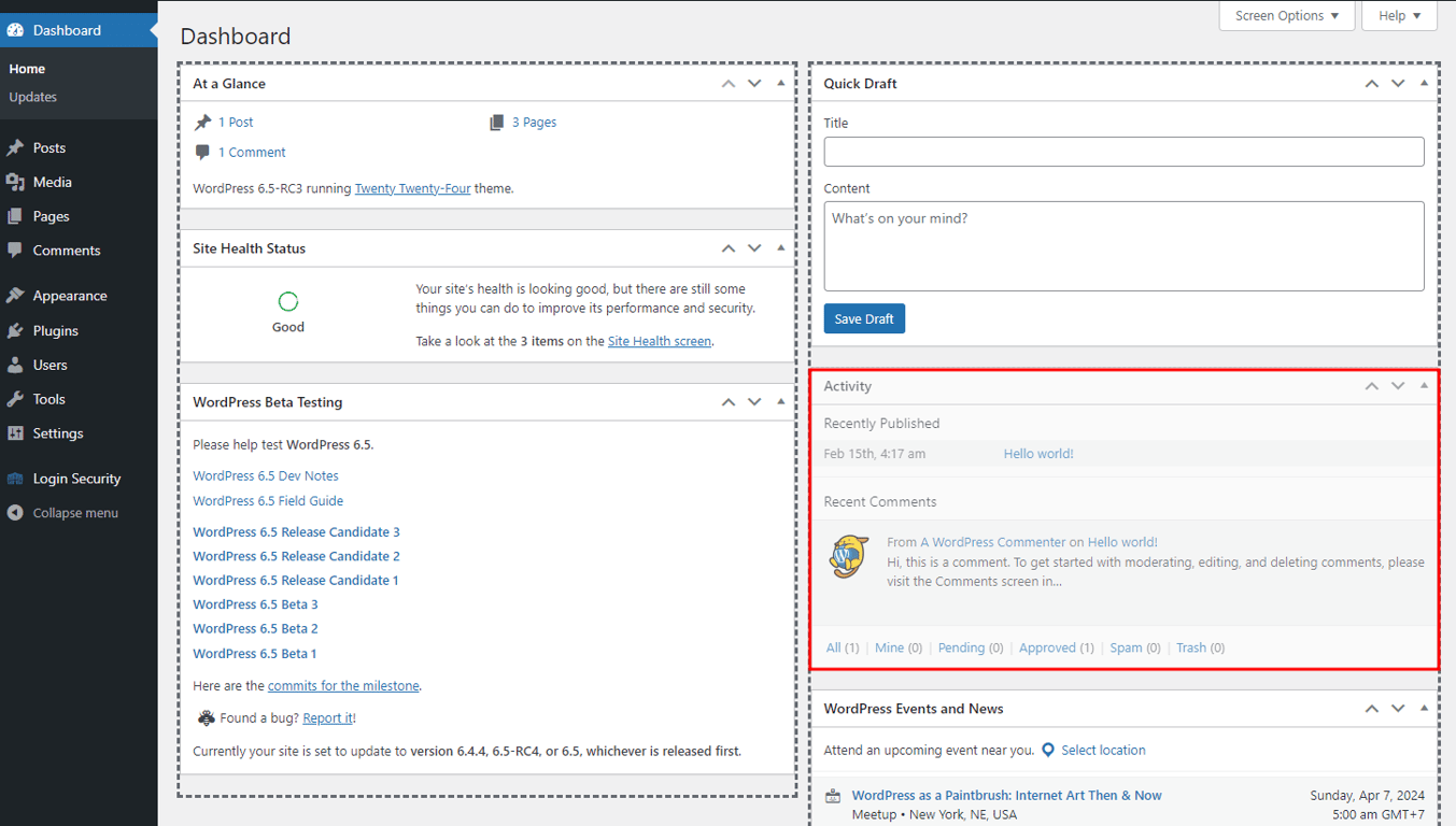 The WordPress admin dashboard highlighting the activity tab