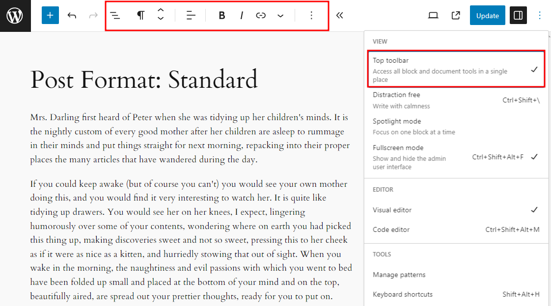 The block editor, with the floating block toolbar moved to the top
