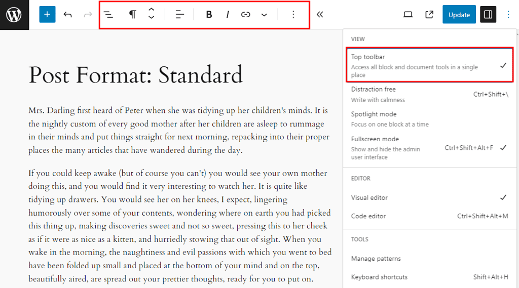 The block editor, with the floating block toolbar moved to the top