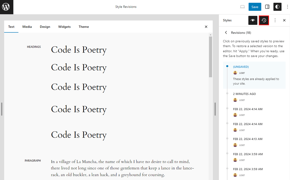 The design creation date history in the Style Book
