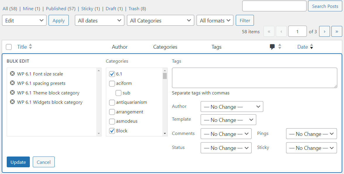 The editing options available when selecting Bulk Actions, then Edit
