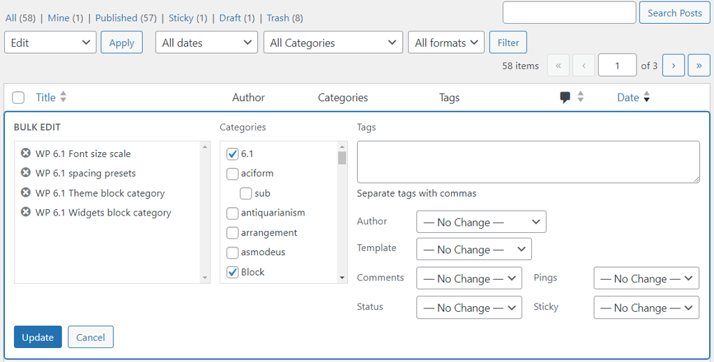 The editing options available when selecting Bulk Actions, then Edit