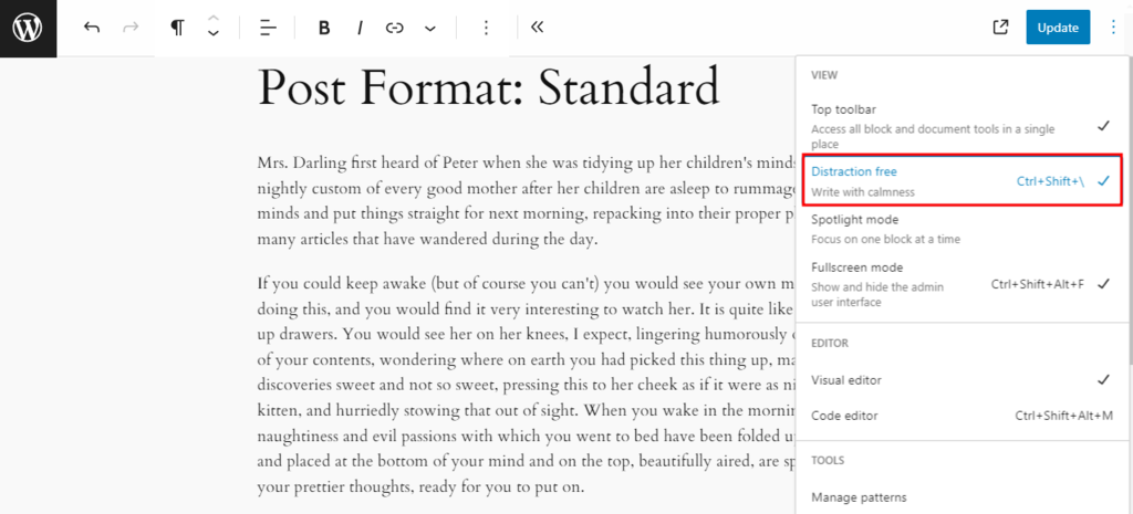 WordPress dashboard in Distraction free mode
