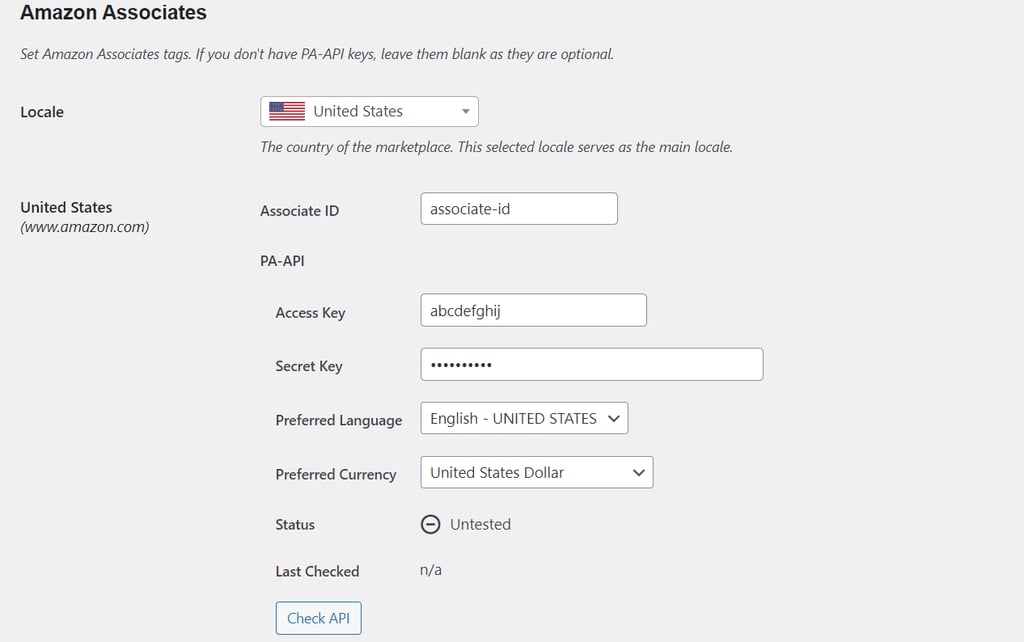 Auto Amazon Links API settings