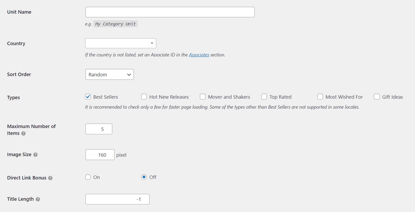 Auto Amazon Links unit creation page