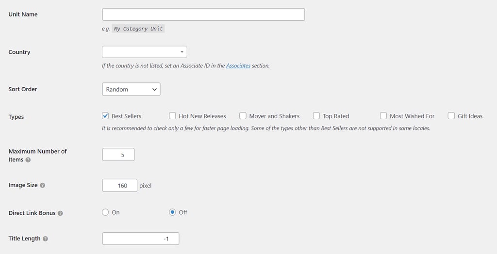 Auto Amazon Links unit creation page