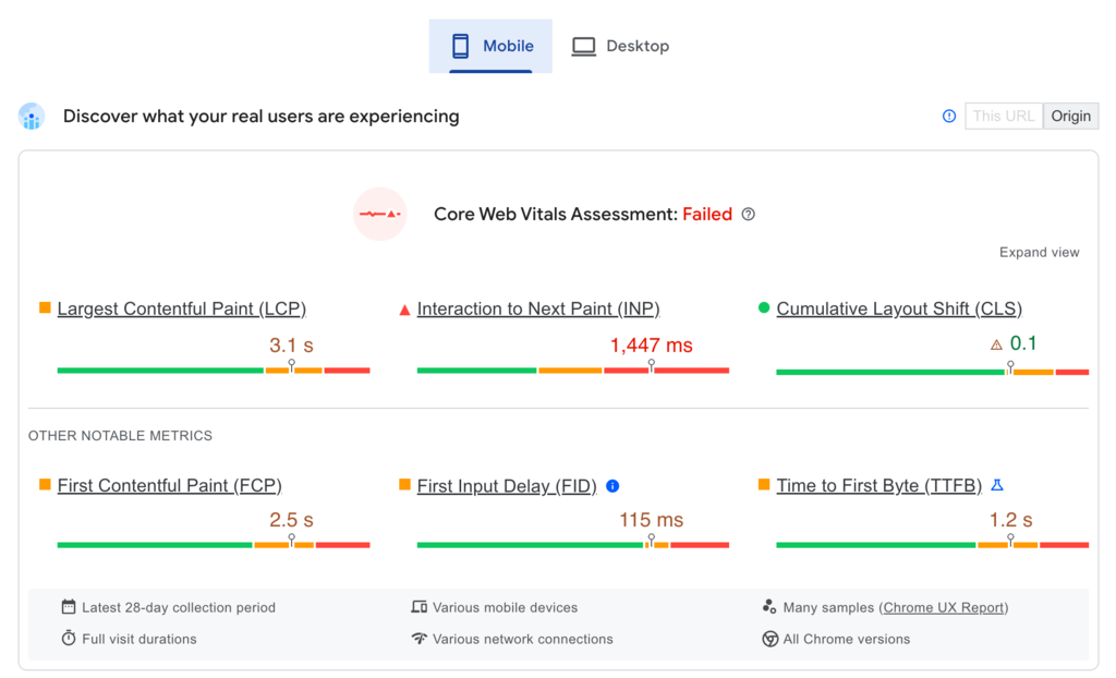 Example of the Core Web Vitals assessment of a page on a mobile