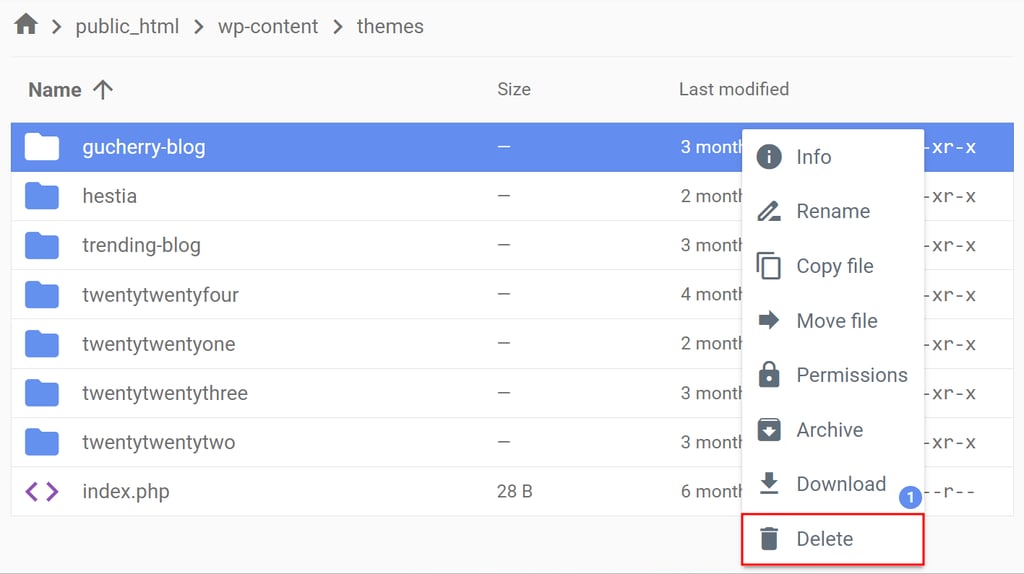 Theme files in wp-content, highlighting the option to delete a theme folder
