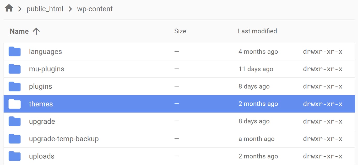 The content of wp-content folder, highlighting the themes folder