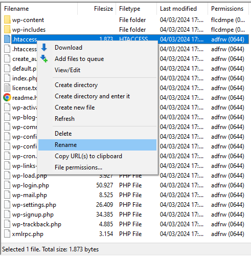 Right-clicking a file on FileZilla's right panel