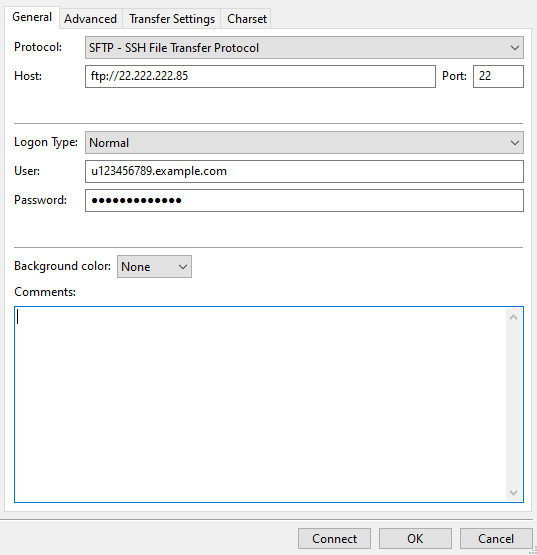 Configuring the FTP server details on FileZilla's Site Manager