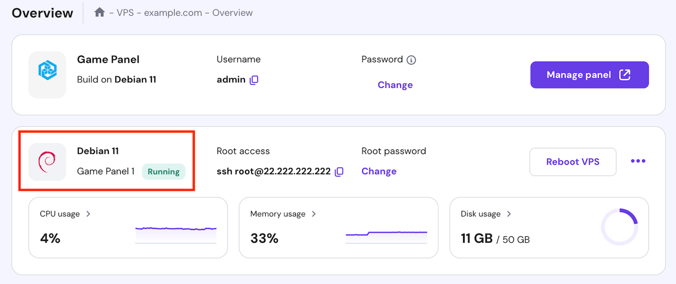 The game server status on hPanel's VPS overview page