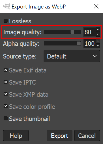 GIMP's Export Image as WebP pop-up window with Image quality highlighted