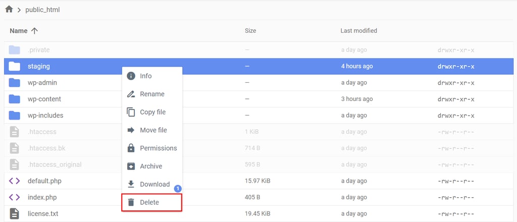 Hostinger File Manager, highlighting the option to delete a folder