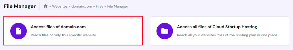 Hostinger's File Manager, highlighting the option to access files of the live site