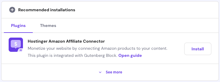 Hostinger Amazon Affiliate Connector Plugin in hPanel's Recommended installations section