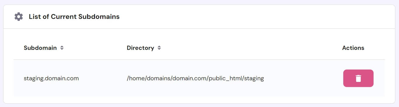 The list of current subdomains in hPanel with a delete button to remove each