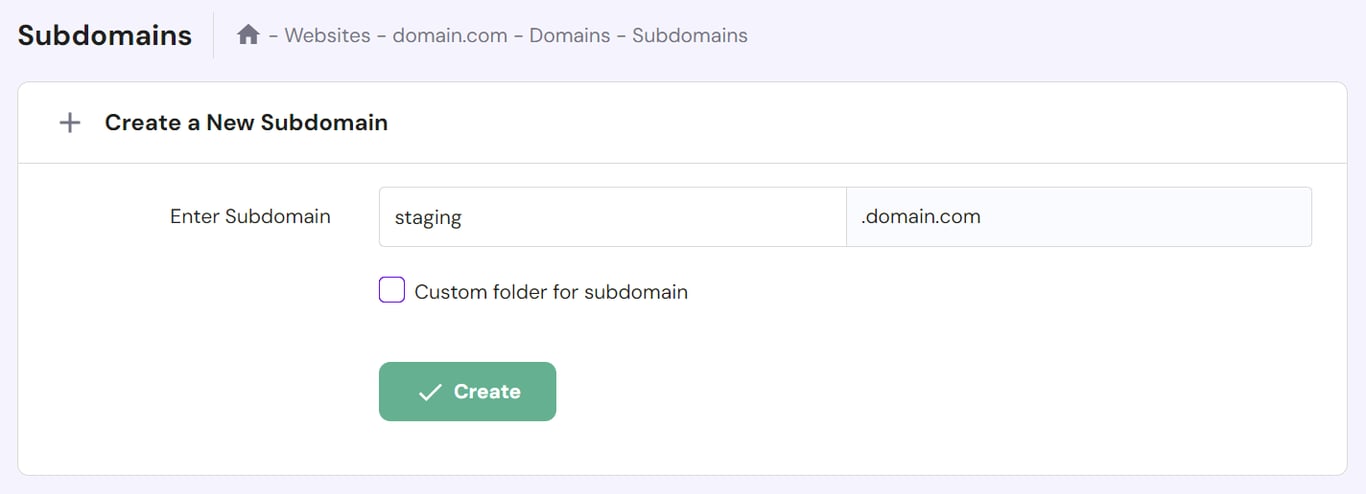 Hostinger's subdomains section, where user can create a new subdomain