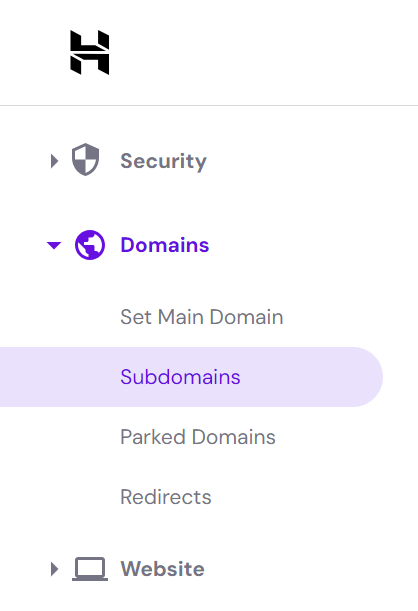 Subdomains section in Hostinger hPanel