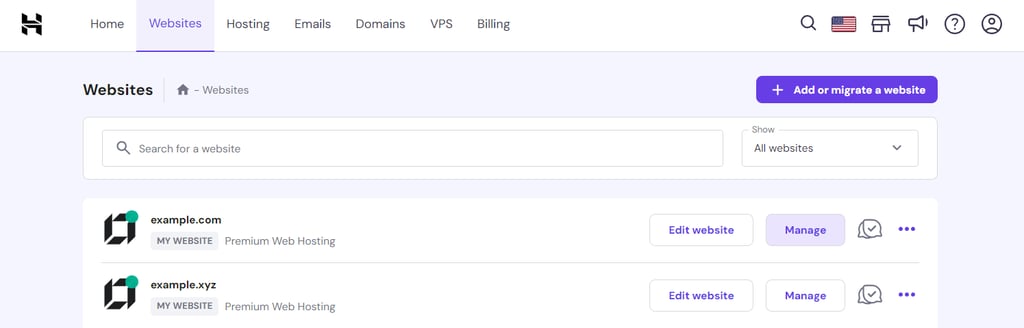 The Websites menu on hPanel with the Manage button highlighted