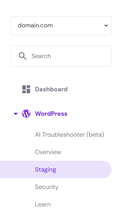 hPanel sidebar, highlighting WordPress' staging tool