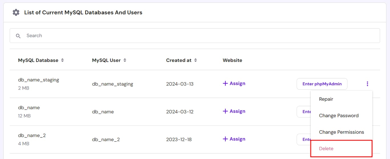 The list of current MySQL databases and users, highlighting the option to delete a database