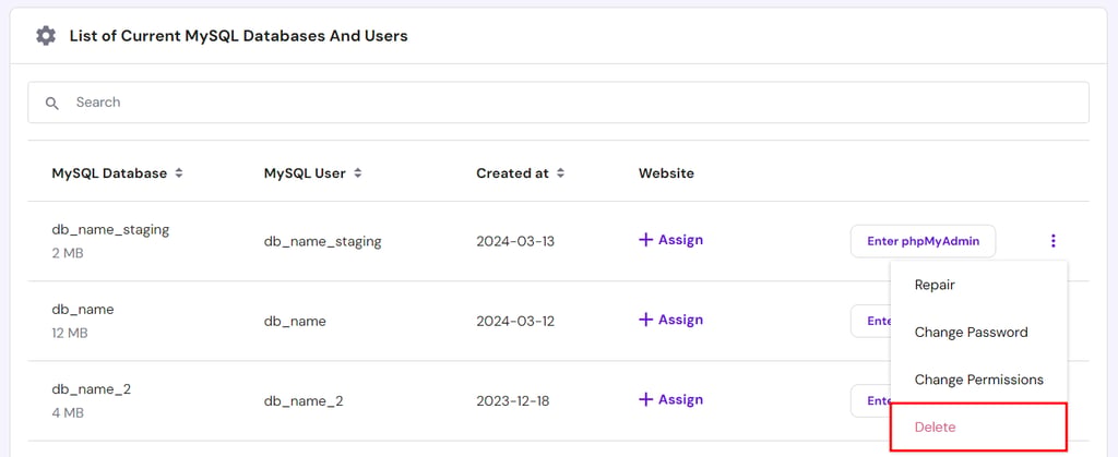 The list of current MySQL databases and users, highlighting the option to delete a database