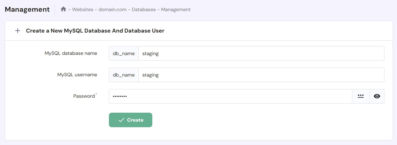 The database management section in hPanel, where user can create a new database