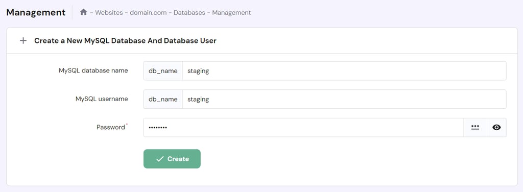The database management section in hPanel, where user can create a new database