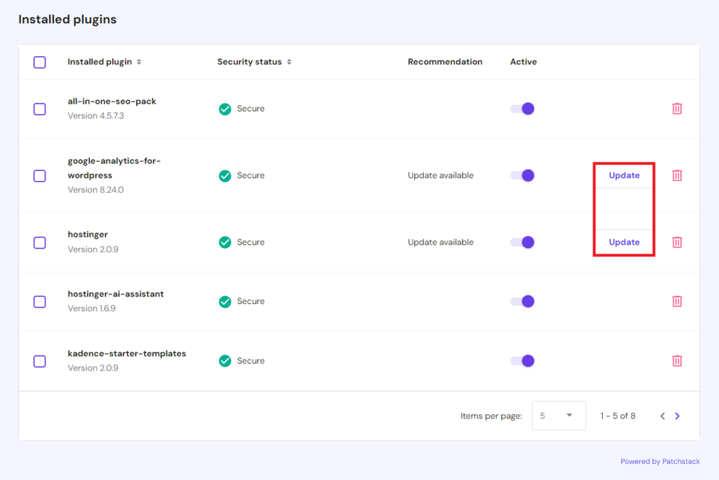 Updating plugins on the WordPress Security page of hPanel