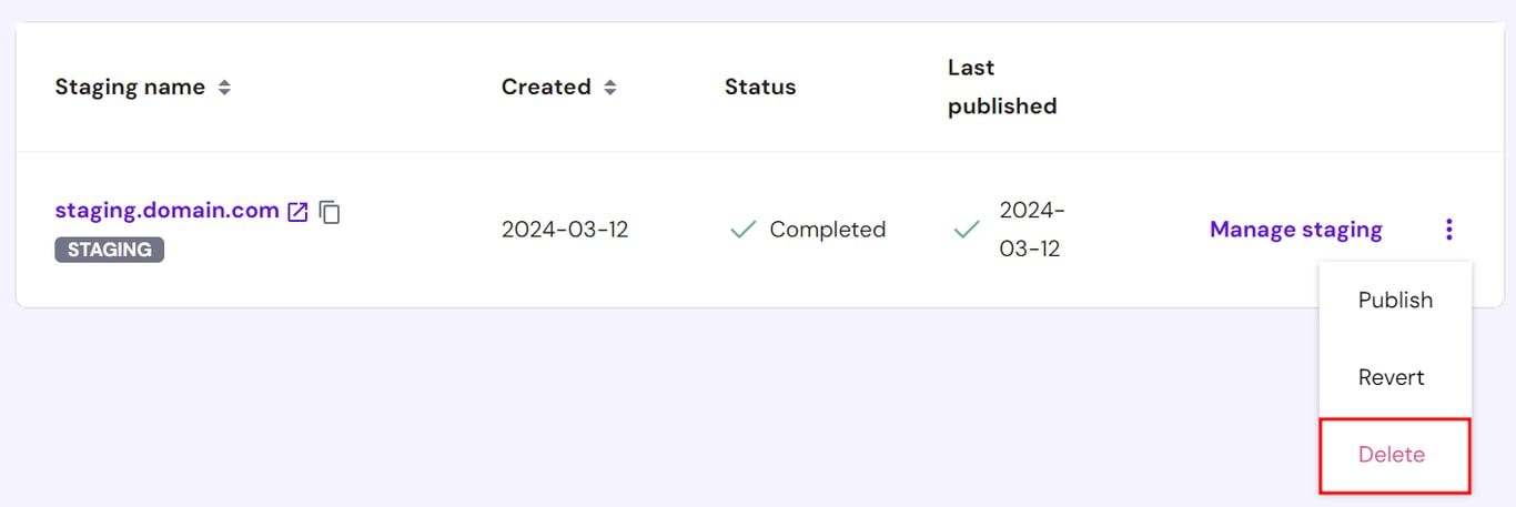 WordPress staging site list, highlighting the button to delete a staging site