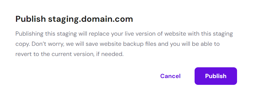 A disclaimer popup to confirm the publication of content staging
