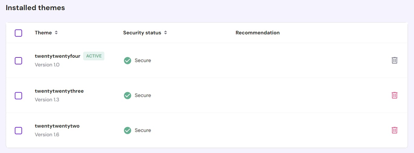 The list of installed themes in hPanel