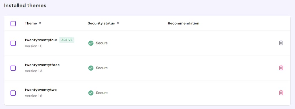 The list of installed themes in hPanel
