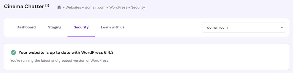 WordPress security section in hPanel, showing the current version of the CMS