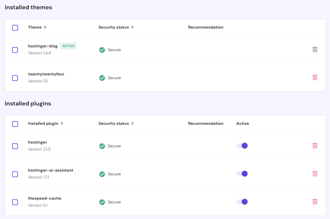 The Installed themes and Installed plugins sections in hPanel