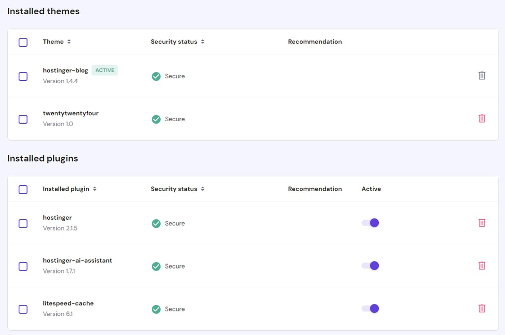 The Installed themes and Installed plugins sections in hPanel
