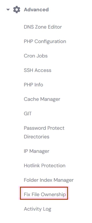 Fix File Ownership under Advanced in the hPanel sidebar