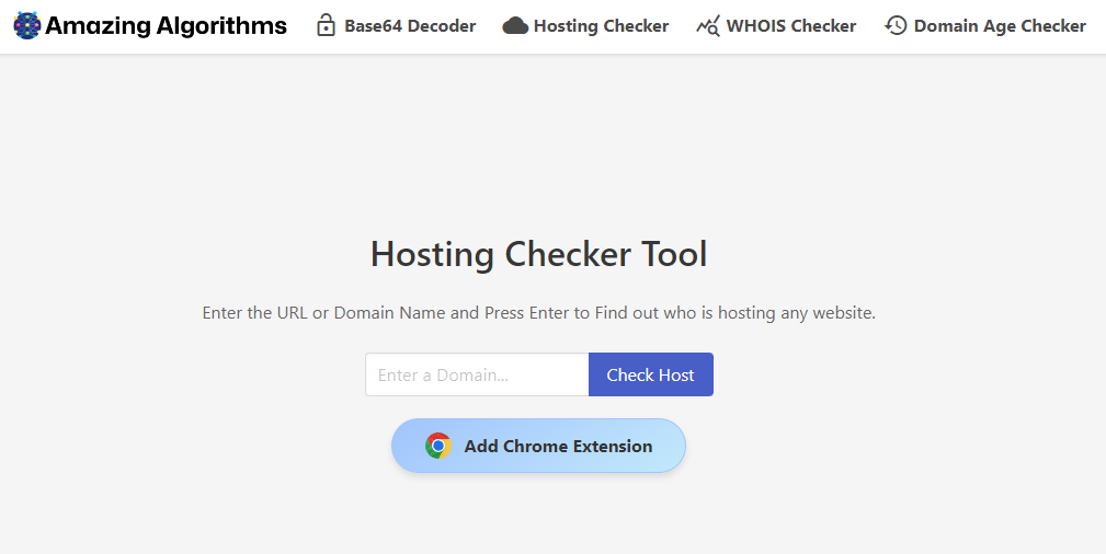 The Amazing Algorithms hosting checker interface.