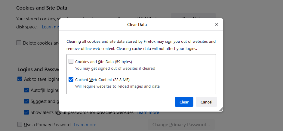 Pop up with cookies and site data box unchecked and cached web content box checked