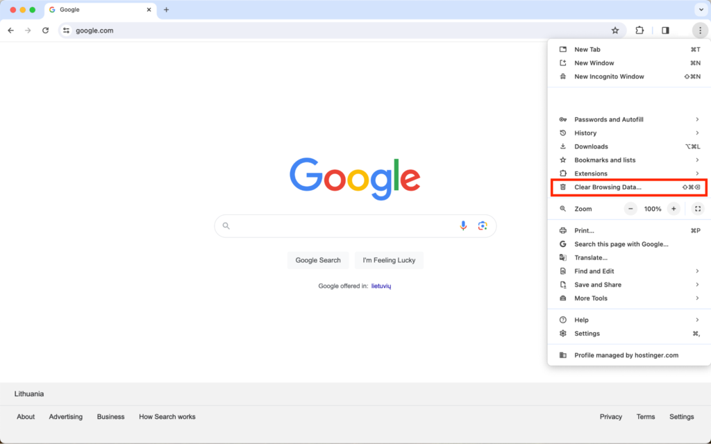 Clear browsing data selected in the settings menu
