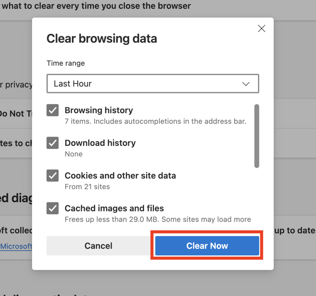 Clear now button highlighted
