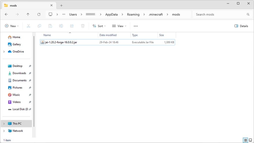 The mods folder in the Minecraft Windows installation directory