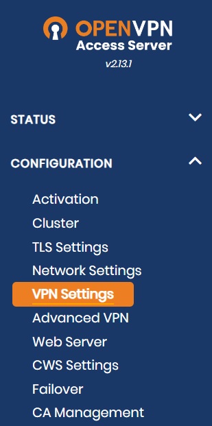 OpenVPN dashboard side bar with VPN Settings button selected