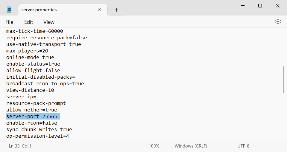 server.properties file with server-port line highlighted
