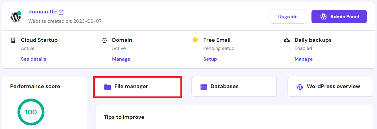 File Manager access button in Hostinger hPanel dashboard.