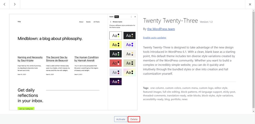 WordPress theme details, highlighting the delete option