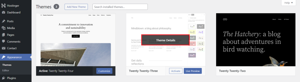 WordPress theme directory, highlighting the option to display theme details