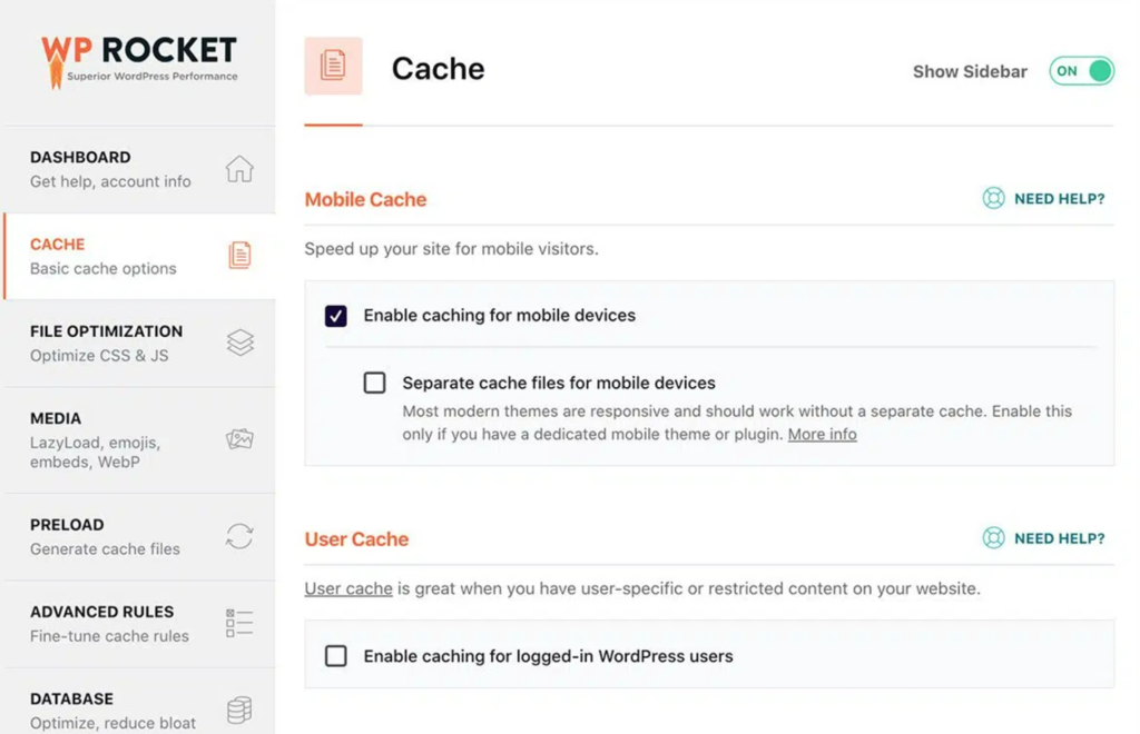 WP Rocket's interface