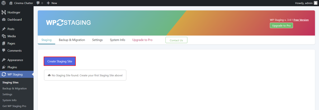 WP Staging section, highlighting the button to create a new staging site